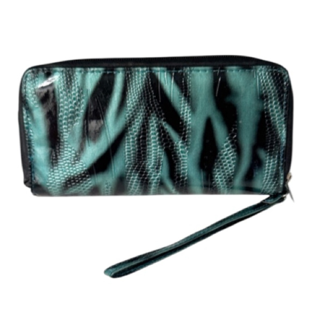 Metallic teal blue black abstract tiger snakeskin zip closure wallet wristlet